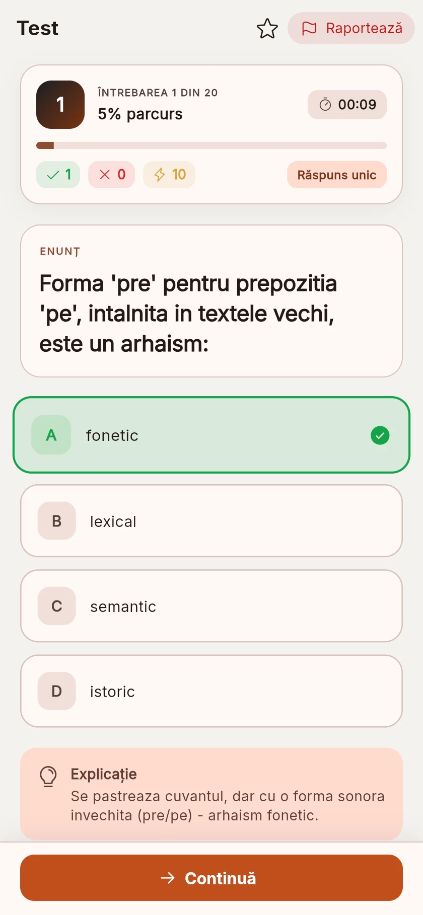 O grilă verificată: varianta corectă marcată, explicația dedesubt