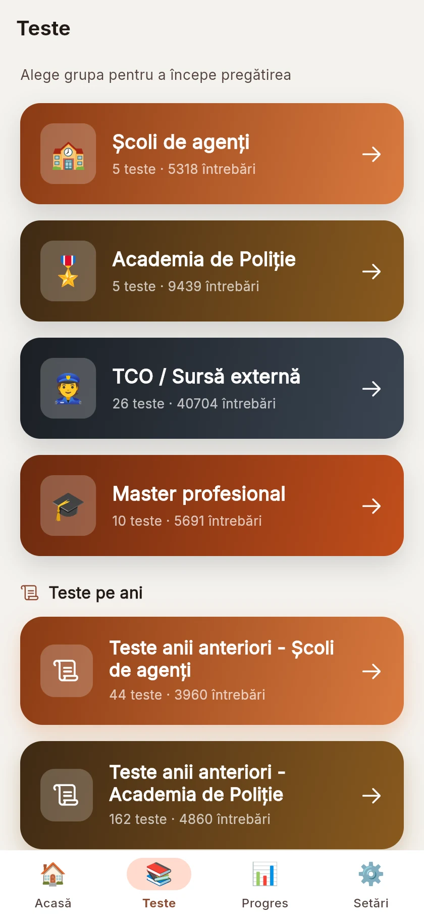 Cele patru concursuri, fiecare cu materiile și cu testele pe ani